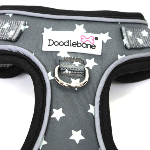 Doodlebone Adjustable Airmesh Dog Harnesses Grey Stars Glow in the Dark 5 Sizes