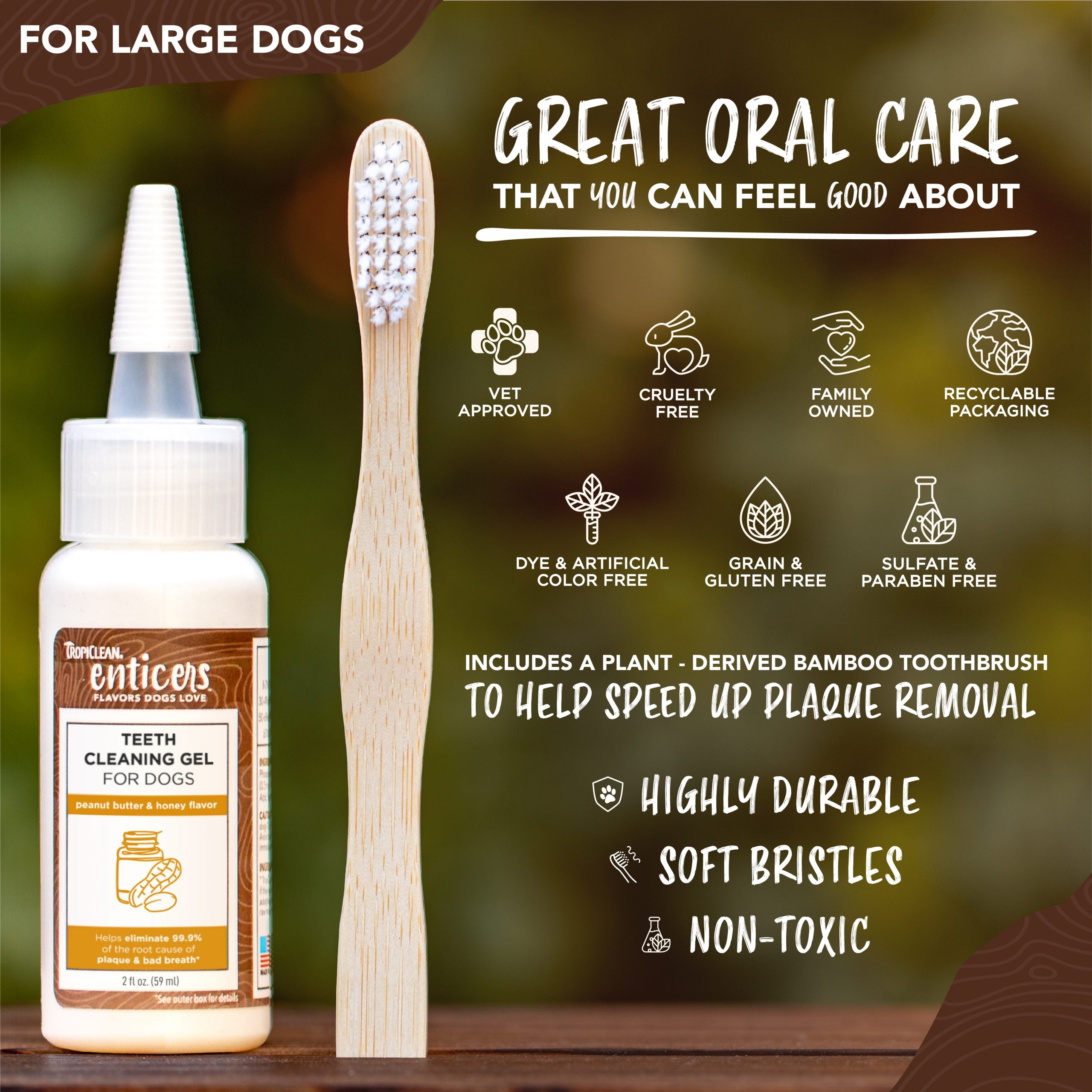 TropiClean Enticers Teeth Cleaning Gel and Toothbrush for Large Dogs Peanut Butter & Honey Gel 59ml