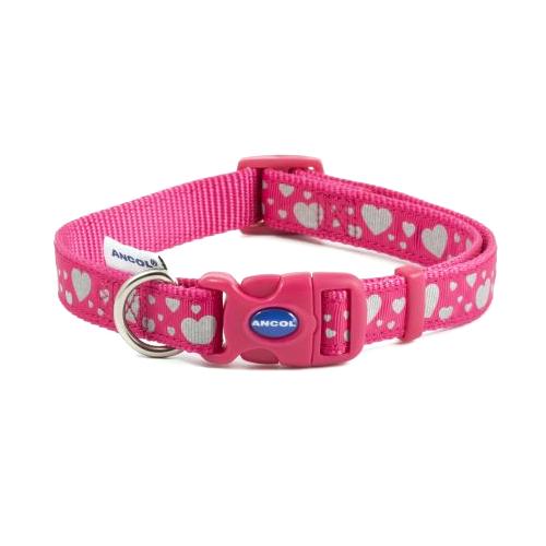 Ancol Dog & Puppy Collars Fashion Pink Reflective Hearts 3 Sizes